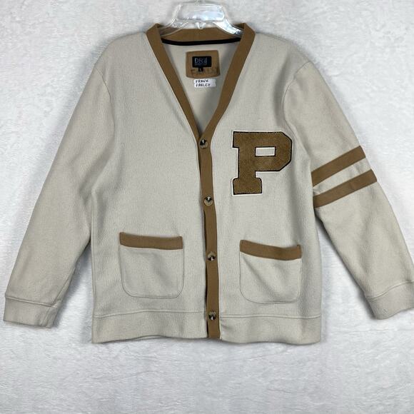 DR Essentials Mens L Ivory Tan Fleece Varsity Letter Cardigan Sweater College - Picture 1 of 10